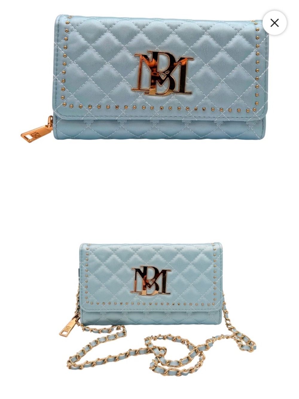 Badgley Mischka Quilted Metal Blue Crossbody with Gold Hardware